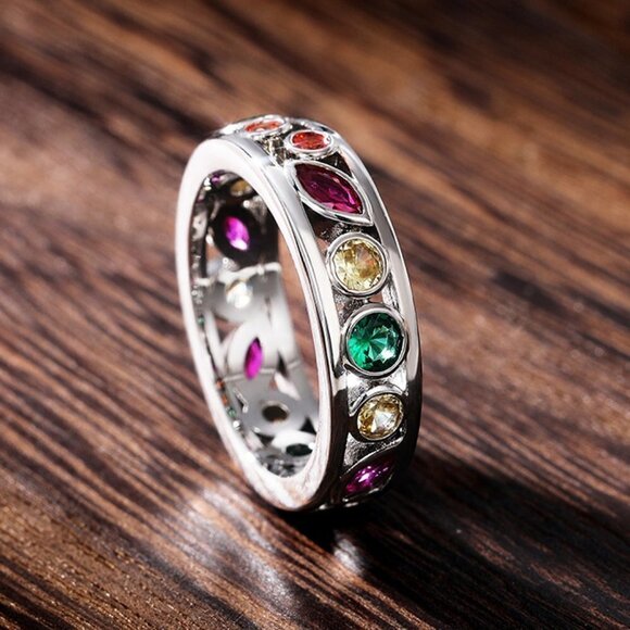 💥Colorful CZ Multi Shapes Eternity Beautiful Fashion RingUNVN12301 - Picture 3 of 4